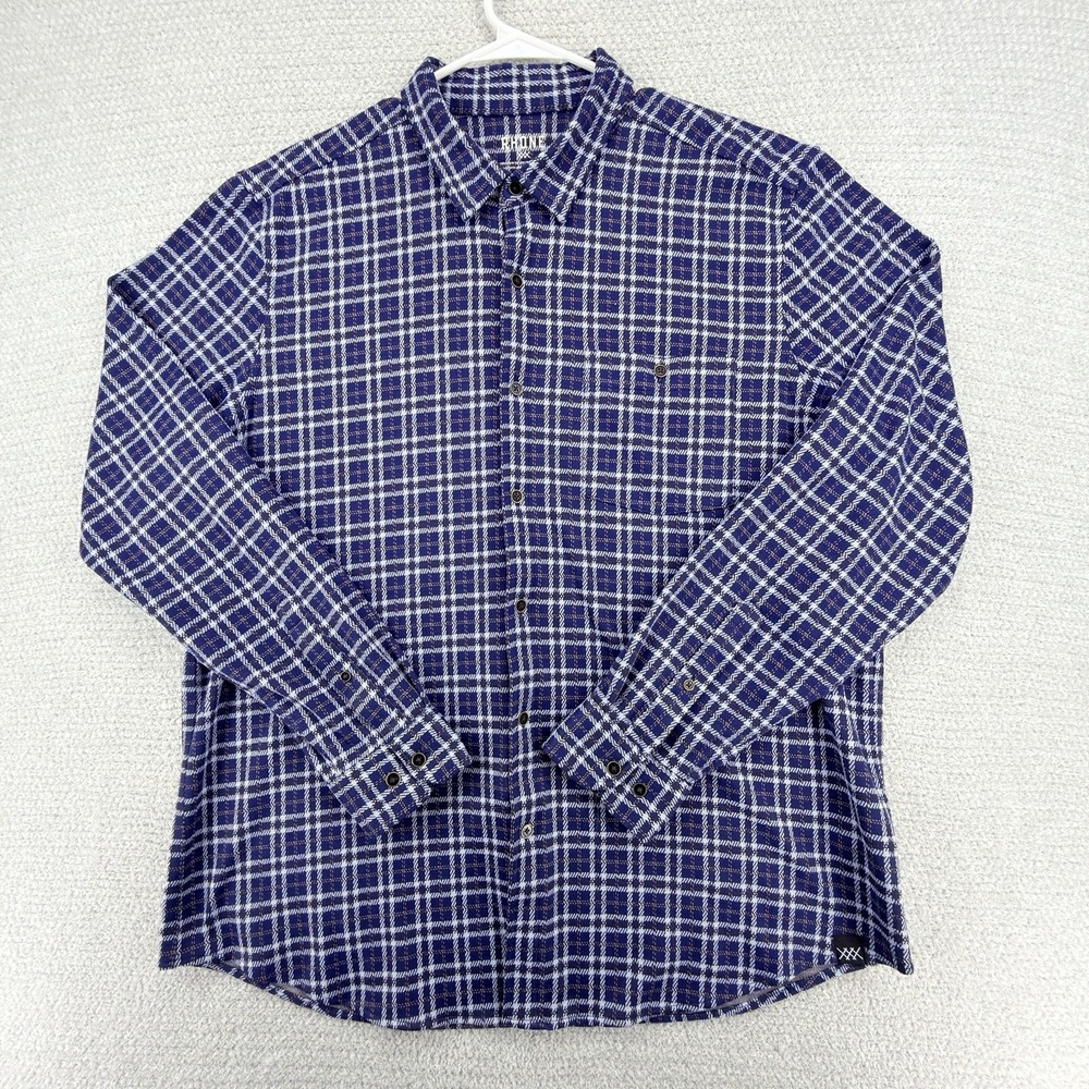 Rhone Hardy Flannel Shirt Mens XL Blue Plaid Performance Stretch Button Up